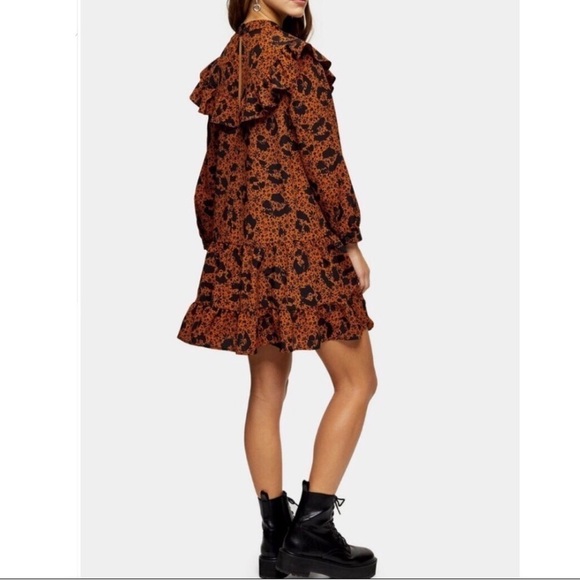 TOPSHOP Ustard Ruffle Yoke Long Sleeve Floral Mini Shift Dress - Picture 2 of 8